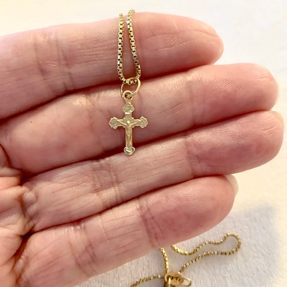 Jewelry - Tiny, delicate solid 14k gold crucifix and chain